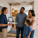Home inspector explaining federal and state home hazard removal grant programs to homeowners during a residential safety inspection.