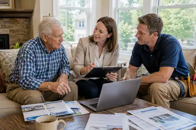 Window Replacement Grants For Widows and Widowers in 2026 3 Housing specialist explaining USDA, HUD and Weatherization Assistance window replacement grants to a widower homeowner during a home inspection.