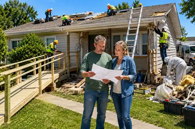 Free Home Hazard Removal Grants For Homeowners in 2026 2 Low-income homeowner receiving government-funded home hazard removal assistance while contractors repair a damaged roof, unsafe electrical wiring, and accessibility hazards.