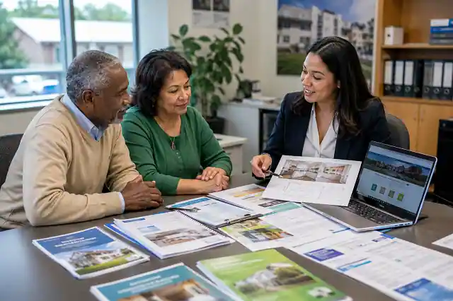 Housing counselor explaining government kitchen remodeling grant programs to eligible homeowners.