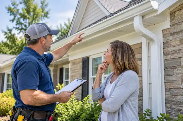 Homeowner reviewing a gutter replacement estimate with a contractor