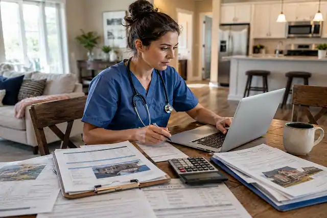 Roof Replacement Grants for Healthcare Workers in 2026 3 Healthcare worker completing a roof replacement grant application with official housing documents and laptop