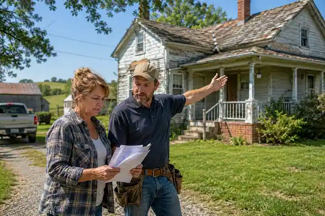 Federal and State Home Repair Grants For Rural Homeowners 2026 2 Rural homeowner reviewing USDA and HUD home repair grants documents outside an older country home needing repairs.