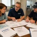 Homeowner reviewing FEMA home elevation grant application documents with engineer
