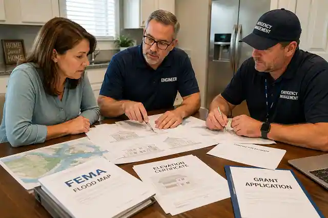 Home Elevation Grants For Homeowners in 2026: Complete Guide 3 Homeowner reviewing FEMA home elevation grant application documents with engineer