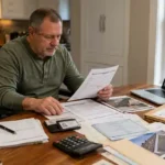 Homeowner organizing SSI documents, contractor estimates, and repair photographs before submitting a home repair grant application