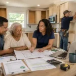 Low-income homeowners planning a kitchen remodel using government grant assistance