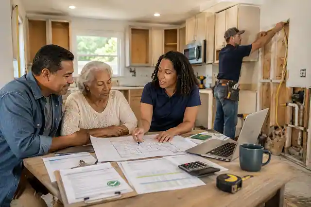 Low-income homeowners planning a kitchen remodel using government grant assistance
