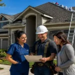 Healthcare worker standing outside a home with a newly installed roof while reviewing roof replacement grant documents