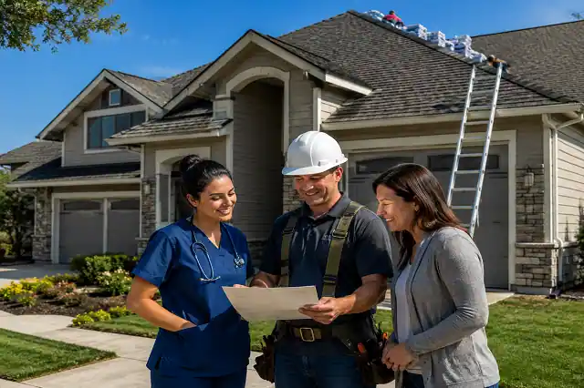 Roof Replacement Grants for Healthcare Workers in 2026 2 Healthcare worker standing outside a home with a newly installed roof while reviewing roof replacement grant documents