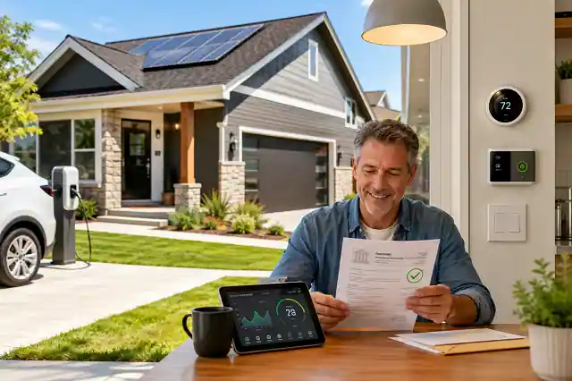 American homeowner reviewing smart home upgrade grant documents beside a modern house with smart thermostat, security system, solar panels, and energy-efficient technology.