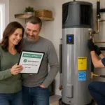 Homeowner replacing an old water heater with a new ENERGY STAR heat pump water heater using government grants