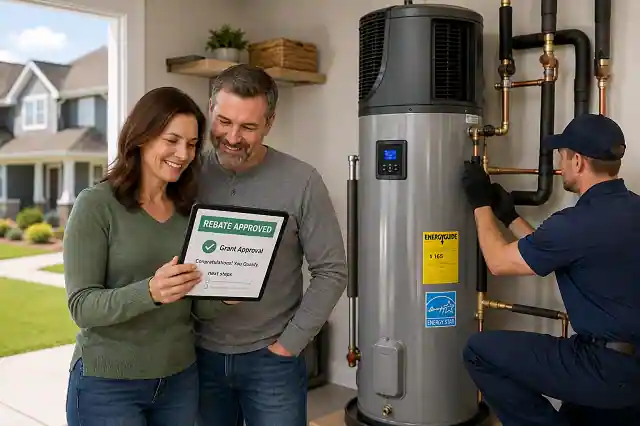 Water Heater Replacement Grants For Homeowners in 2026 2 Homeowner replacing an old water heater with a new ENERGY STAR heat pump water heater using government grants