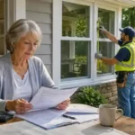 Senior widow reviewing window replacement grant documents while a contractor measures energy-efficient replacement windows outside her home.