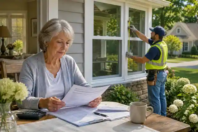 Window Replacement Grants For Widows and Widowers in 2026 2 Senior widow reviewing window replacement grant documents while a contractor measures energy-efficient replacement windows outside her home.