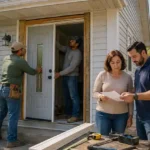 Door replacement grants guide showing an eligible homeowner replacing an exterior door
