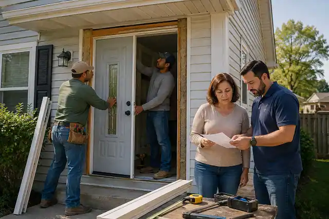 Door replacement grants guide showing an eligible homeowner replacing an exterior door