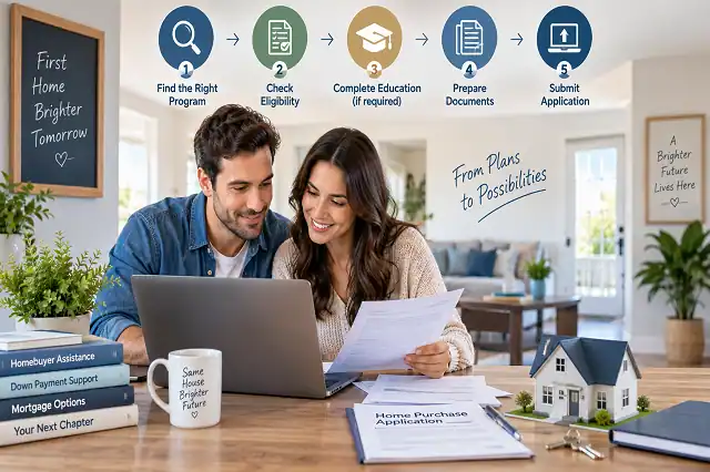 First-Time Home Buyer Grants 2026: 5 Steps to Apply & Get Help 2 First-time homebuyer reviewing grant application steps and documents