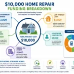 Infographic showing how grants, rebates, tax credits, loans, and homeowner contributions combine to fund a $10,000 home repair.