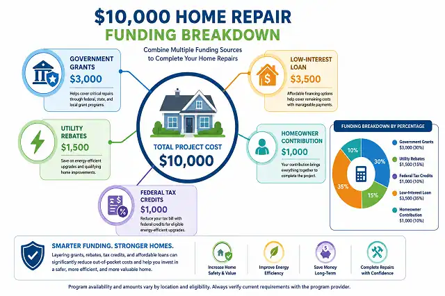 How a $10,000 Home Repair Project Can Be Funded in 2026 2 Infographic showing how grants, rebates, tax credits, loans, and homeowner contributions combine to fund a $10,000 home repair.