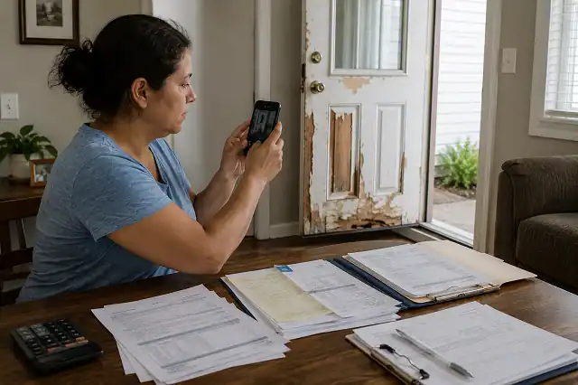 Homeowner documenting a damaged exterior door for home repair grant application
