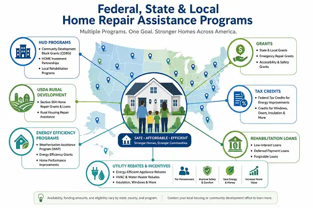 How a $10,000 Home Repair Project Can Be Funded in 2026 3 Map of the United States highlighting federal and state home repair funding opportunities.