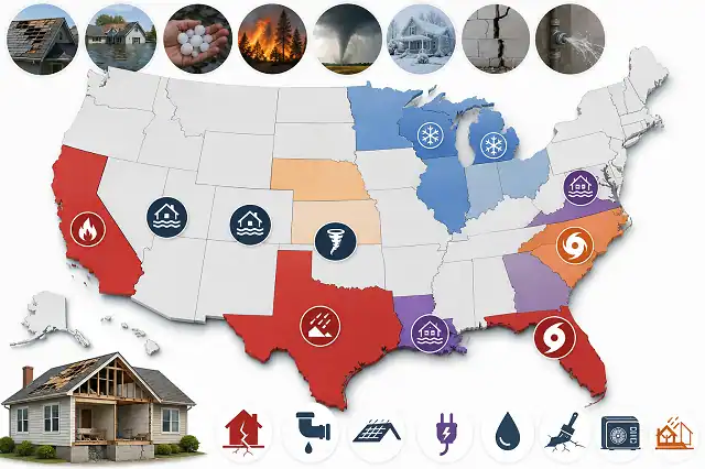 The Cost of Delayed Home Repairs: Statistics and Grants 2026 3 Map showing U.S. states with the highest home repair risks and disaster exposure