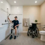 Disabled veteran inspecting ADA accessible roll-in shower and grab bar modification in Palm Beach County Florida