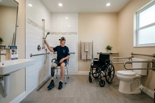 Disabled veteran inspecting ADA accessible roll-in shower and grab bar modification in Palm Beach County Florida