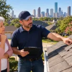 Senior homeowner reviewing roof damage with a roofing professional in Harris County, Texas