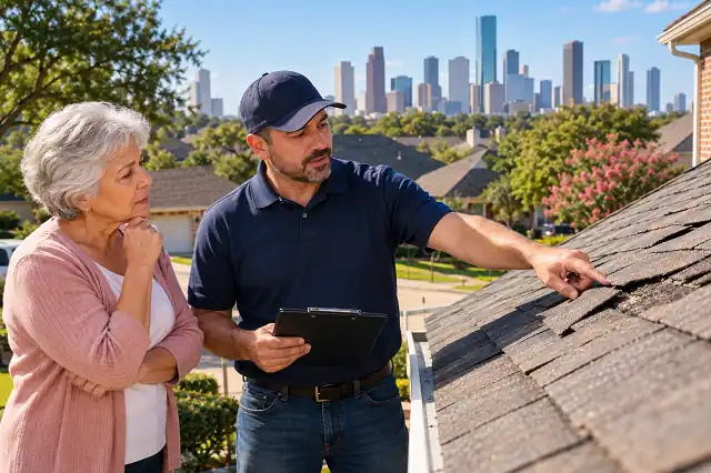 Roof Replacement Grants in Harris County, TX For Seniors-Apply Today 2 Senior homeowner reviewing roof damage with a roofing professional for roof replacement grants in Harris County, Texas